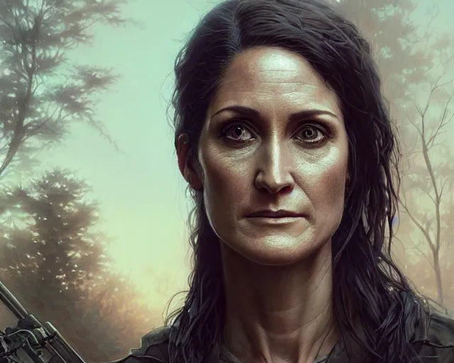 Image similar to highly detailed portrait of carrie - ann moss in the walking dead, stephen bliss, unreal engine, fantasy art by greg rutkowski, loish, rhads, ferdinand knab, makoto shinkai and lois van baarle, ilya kuvshinov, rossdraws, tom bagshaw, global illumination, radiant light, detailed and intricate environment