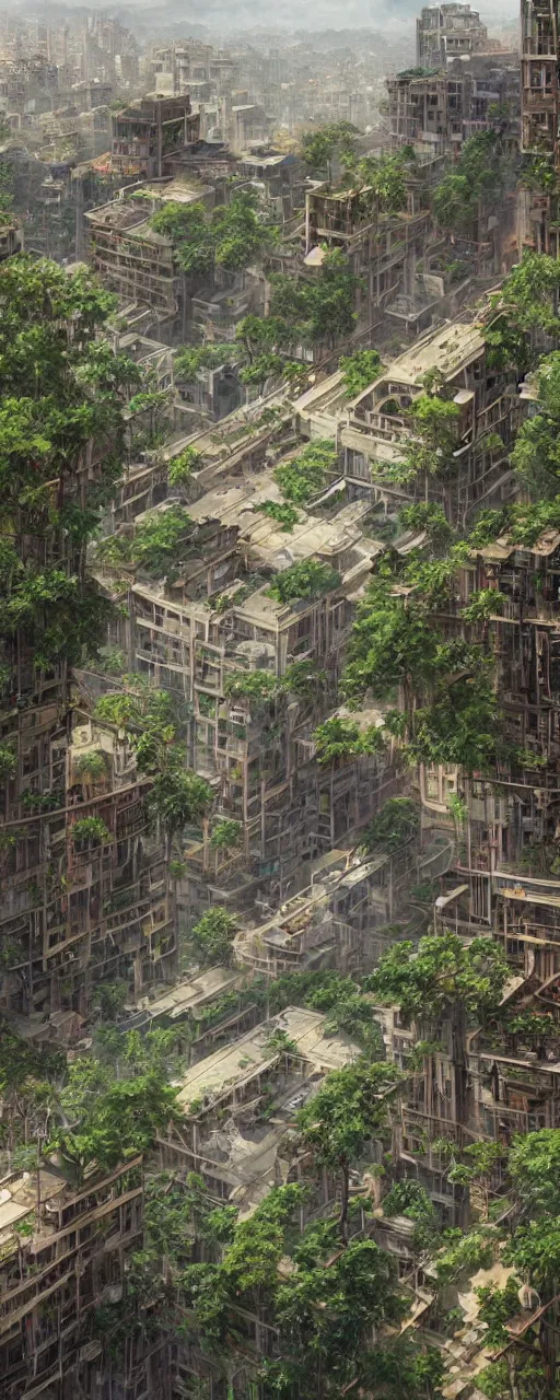 Image similar to a sprawling city landscape in an abandoned east asian country, vines and weeds growing from the apartment buildings, plants sprouting from the concrete, intricate, elegant, highly detailed, digital painting, artstation, concept art, smooth, sharp focus, illustration, art by artgerm and greg rutkowski and alphonse mucha