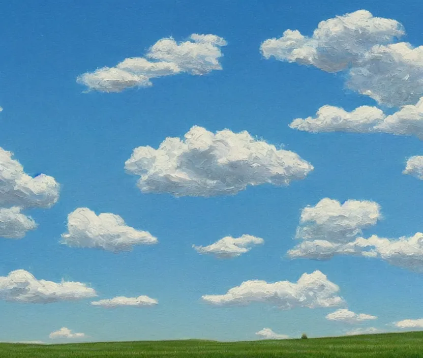 Image similar to a very detailed painting of one billboard on a meadow, billboard has written on it do aliens exist?, baby blue sky with very aesthetic stylized clouds, in the style of edward hopper, very small brushstrokes, 4 k,