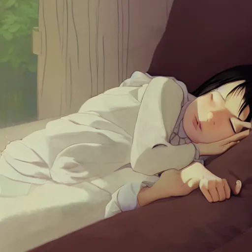 Image similar to little girl in pajama sleeping. digital artwork by makoto shinkai, inspired by pixar movies and balthus, highly detailed, realistic