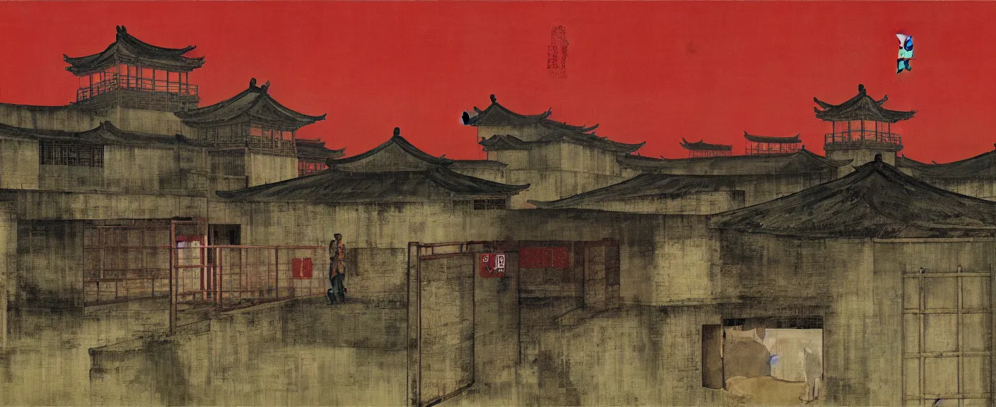 Image similar to a chinese prison near a river by peter doig, muted colors, overlaid with chinese adverts