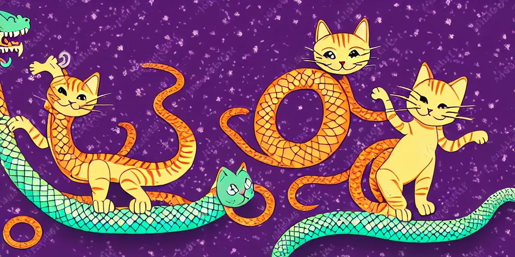 Image similar to cat dragon next to snake sing happily in fantasy forest