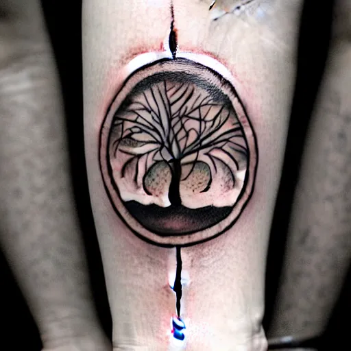 Image similar to traditional american tattoo art of a tree inside a rusted clock made of black liquid, tattoos exploding out, fine detail, sheet paper, white background