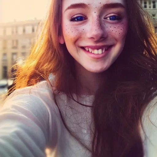 Image similar to beautiful hyperrealism selfie of a cute 3 d young woman smiling softly, long light bronze brown hair, cute freckles, flushed face, red blush, small heart - shaped face, soft features, emerald green eyes, golden hour, 8 k, sharp focus, instagram