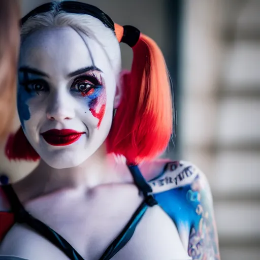 Image similar to portrait photo still of real life harley quinn, 8 k, 8 5 mm f 1. 8