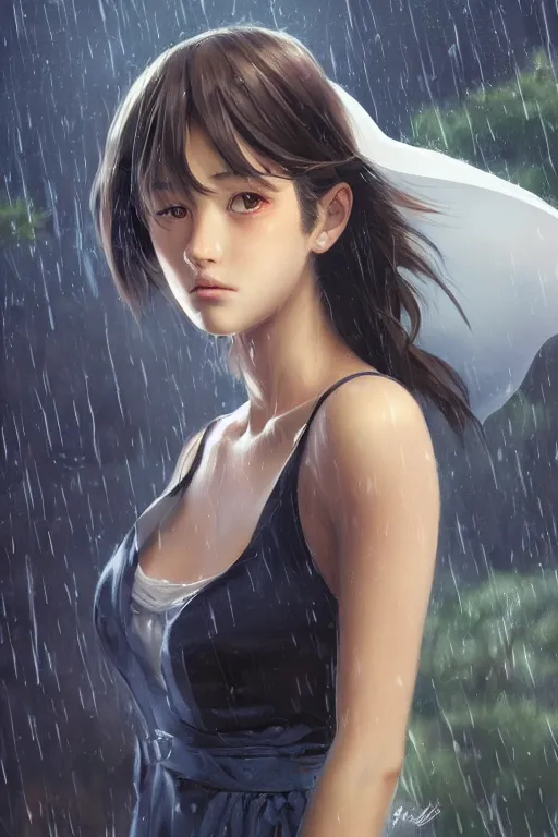 Image similar to a girl in the rain, full shot, realistic shaded perfect body, perfect - face, fine details. night setting. very anime style. realistic shaded lighting poster by ilya kuvshinov katsuhiro, magali villeneuve, artgerm, jeremy lipkin and michael garmash, rob rey and kentaro miura style, trending on art station