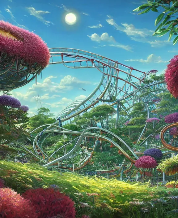 Image similar to simplicity, elegance, a roller coaster building made out of bizarre organic creatures, in the style of a streamlined asymmetrical spaceship, overgrown with flowers, sun - drenched environment, by dan mumford, yusuke murata, makoto shinkai, ross tran, cinematic, unreal engine, cel shaded, featured on artstation, pixiv