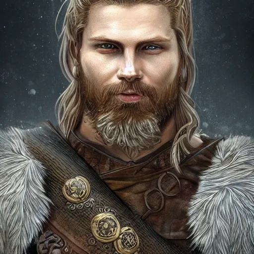 Prompt: Magnificent portrait of a Nordic God man, fantasy, medieval, highly detailed, Artstation