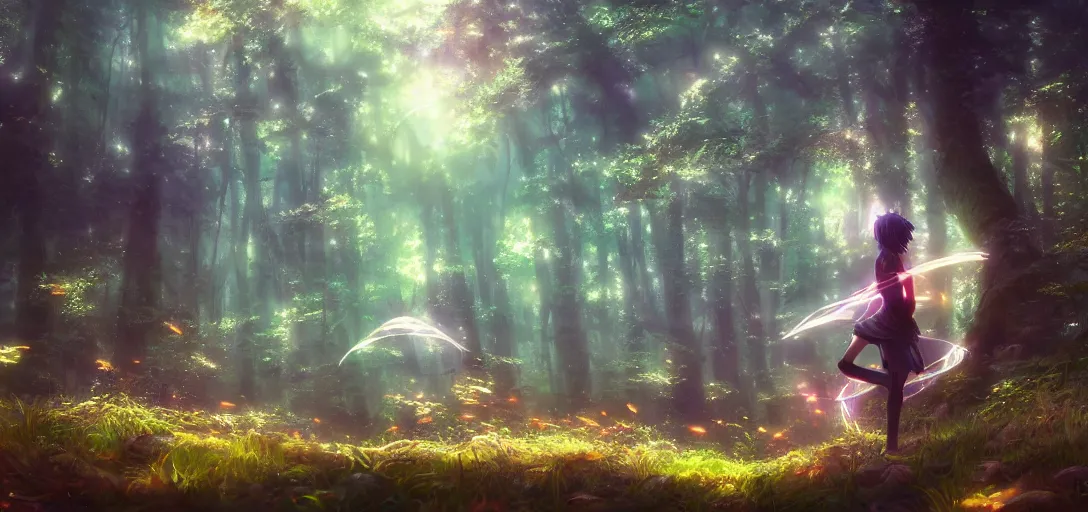 Image similar to anime forest, magical, mythical, ethereal, hyper realistic, straight lines 8k hdr pixiv dslr photo by Makoto Shinkai ilya kuvshinov and Wojtek Fus, digital art, concept art,
