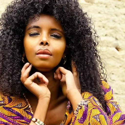 Image similar to brown skinned somali woman, curly hair, somali attire, dreamy, impressionist, figurative