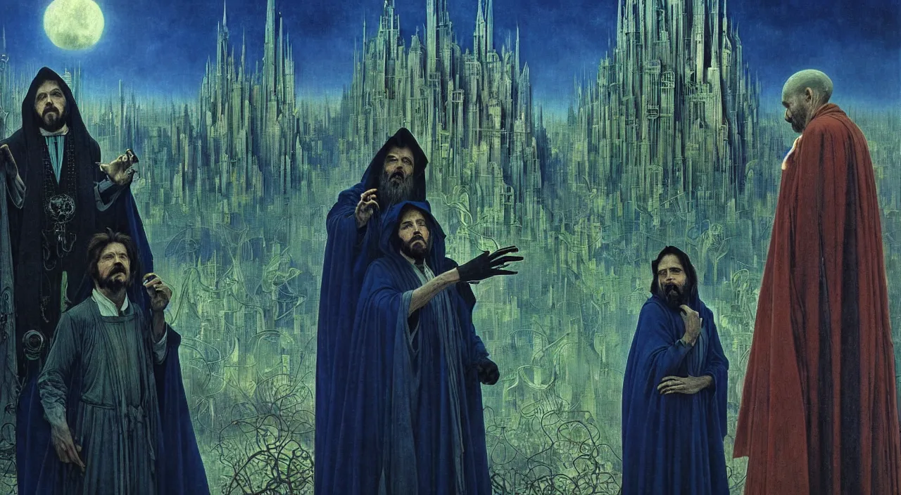 Image similar to realistic detailed portrait movie shot of a wolfman and a priest wearing dark robes, sci fi city landscape background by denis villeneuve, amano, yves tanguy, alphonse mucha, ernst haeckel, max ernst, roger dean, masterpiece, rich moody colours, blue eyes, occult