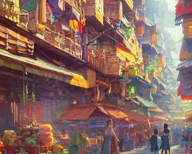 Image similar to colorful marketplace in a great, colorful kitsune city, bamboo, anime, a fantasy digital painting by Greg Rutkowski and James Gurney, trending on Artstation, highly detailed