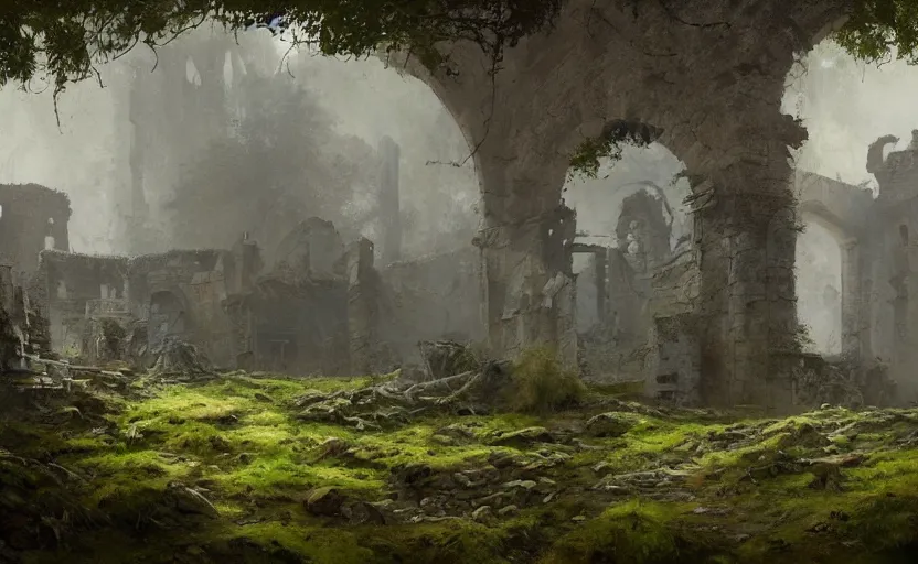 Prompt: painting of ruins of a medieval castle covered by vegetations and moss by greg rutkowski and Craig Mullins, Dark atmospheric sad and cinematic lighting, Trending on artstation