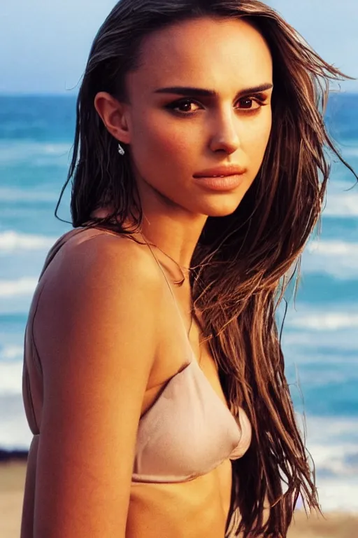 Prompt: a photo of a girl half Nathalie Portman half Jessica Alba at beach, portrait at beach in bikini, 3/4 view, amber eyes, a shy face, the sea in the background, Refined, Detailed professional photo, 50mm lens, Canon eos, soft an diffuse lights, autumn light, sea blurry distant background, Highly Detailed, Cinematic Lighting, 8k, HD