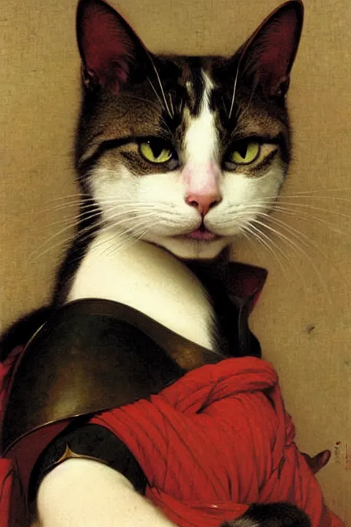 Image similar to portrait of a cat samurai, wearing samurai armor and helmet, by bouguereau