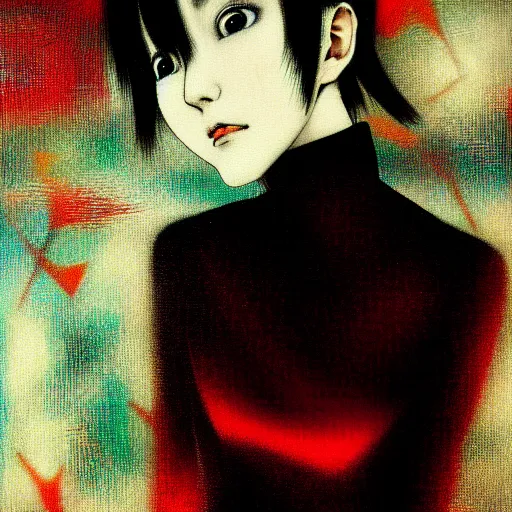 Image similar to yoshitaka amano blurred and dreamy realistic three quarter angle portrait of a young woman with short hair and black eyes wearing office suit with tie, junji ito abstract patterns in the background, satoshi kon anime, noisy film grain effect, highly detailed, renaissance oil painting, weird portrait angle, blurred lost edges