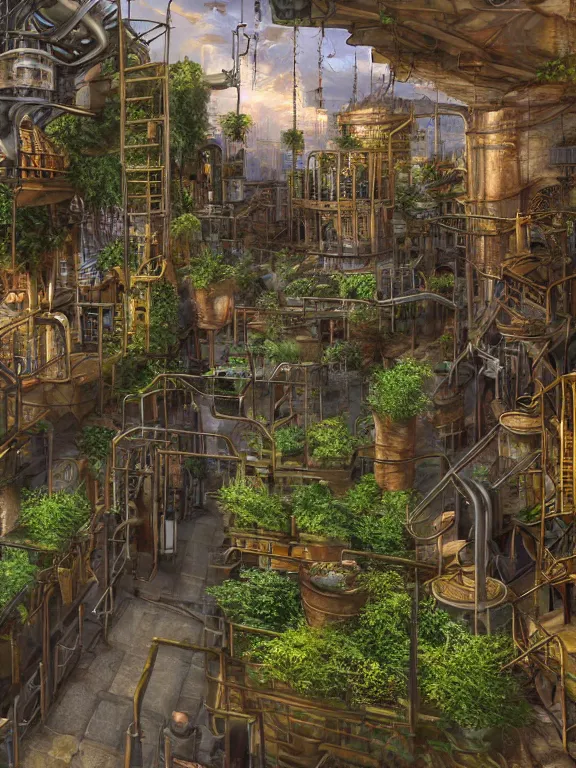 Prompt: A scenic view of A steampunk Plant Breeding Laboratory in undercity district depth ,by guido borelli ,vray Lumion