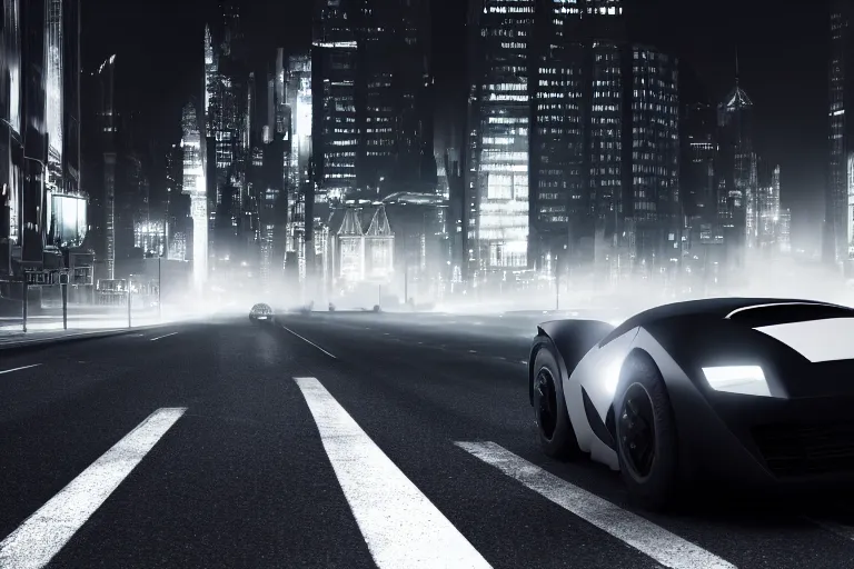 Image similar to the batmobile driving through gotham city at night. fluorescent light. pov from behind the wheel. octane render. 8 k. monochrome. black and white. mist. atmospheric. cinematic. hdr, raytracing, global illumination. a matte painting by ash thorp.