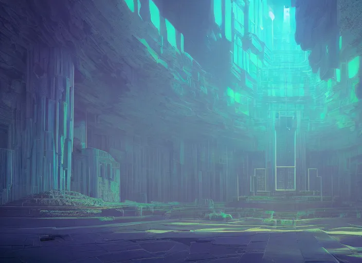 Image similar to An illustration of an underground temple with light shining in through the surface by Beeple ,trending on artstation