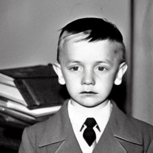 Prompt: adolf hitler as a little child in a school uniform carrying books, mustache, white background