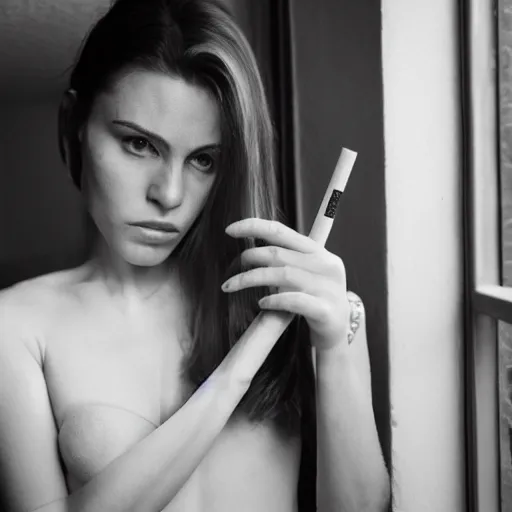 Image similar to Live Action Still of Jerma985 in a film of a beautiful model woman smoking a cigarette by the window, black and white, hyperrealistic, ultra realistic, realistic, highly detailed, epic, HD quality, 8k resolution, body and headshot, film still