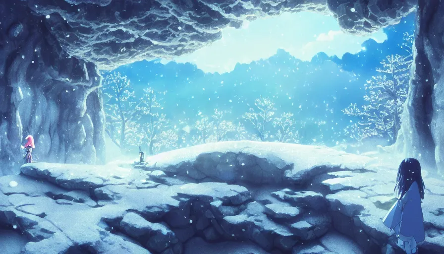 Image similar to A highly detailed digital art painting of the opening to the dragons cave in the snowy forest, shimmering cloudy sky by Studio Ghibli, Makoto Shinkai, (((Makoto Shinkai))) by Artgerm, by beeple, volumetric lighting, octane render, 4K resolution, trending on artstation, masterpiece, vivid colours