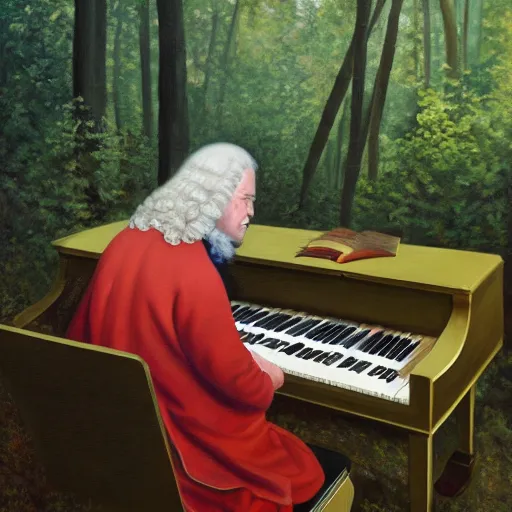 Image similar to ultra realistic painting of bach sitting on a piano inside of a forest, thick brush strokes, visible paint layers, taken from the back of bach.