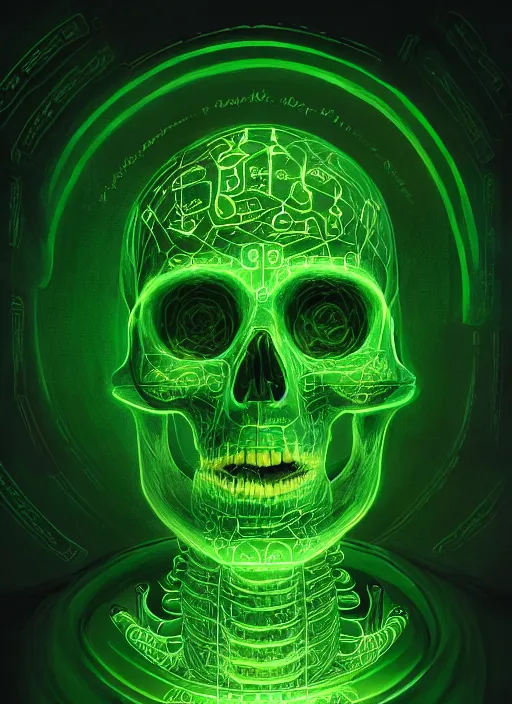 Image similar to portrait of a cyber skeleton, writing ancient runes with glowing green ink in a grand tome, intricate, elegant, glowing lights, highly detailed, digital painting, artstation, concept art, smooth, sharp focus, illustration, art by wlop, mars ravelo and greg rutkowski