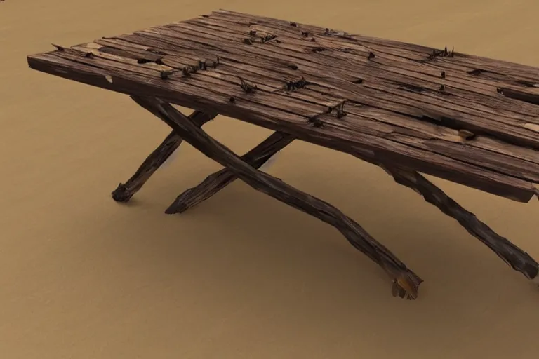 Image similar to a rustic rectangle wooden table with spikes sticking out of it. artstation highquality 4k