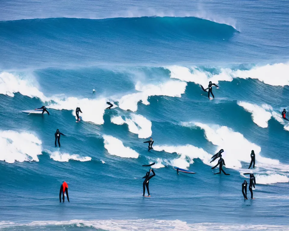 Image similar to worshippers in blue wetsuits belonging to the cult of the surfers, surfing in waves, standing on surfboards, surfing in the face of a tsunami, high detailed colors, bright deep blue