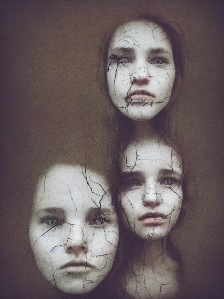 Prompt: human faces portraits, overlaid, color negative, ethereal, grain, analog