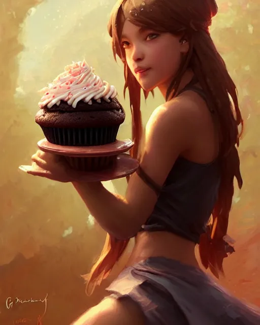 Image similar to a ( girl as personification of chocolate cupcake ), fantasy bakery, digital painting by greg rutkowski, artgerm, krenz cushart, laurie greasly, wlop, intricate, highly detailed!!, sharp focus, smooth, epic composition, joyful, unreal engine, masterpiece, 8 k