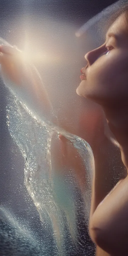 Image similar to portrait of woman drinking water during sunrise, sunrays, flowing fabrics, caustics, rippling water, photoshoot, flowing hair, haunting, iconic, fine-art, masterpiece, trending on artstation