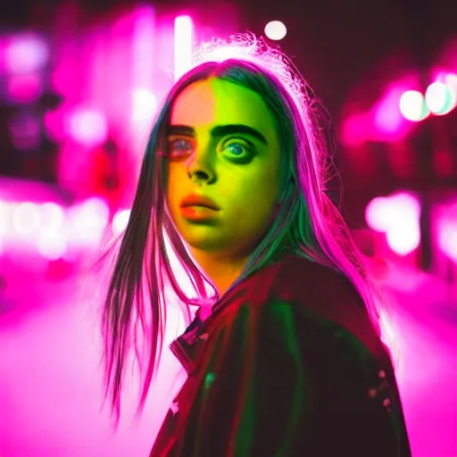 Prompt: beautiful billie eilish in the street, explosion of neon lights, close up, 5 0 mm lens, model photography detailed realistic