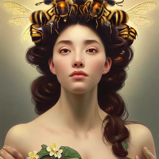 Image similar to perfectly-centered-Portrait of a gorgeous Honey Goddess with bees, The Perfect Human Female Specimen, intricate, elegant, super highly detailed, professional digital painting, artstation, concept art, smooth, sharp focus, no blur, no dof, extreme illustration, Unreal Engine 5, 8K, art by artgerm and greg rutkowski and alphonse mucha and loish and WLOP