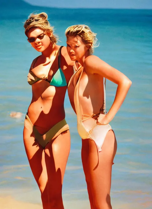 Image similar to Professional photography of Kate Upton and Rebecca Romijn, swimsuit model on a beach. by Cameron Hammond. film grain 1980s film look. golden hour. KODAK EKTAR 100. Lens flare. Summilux 50mm