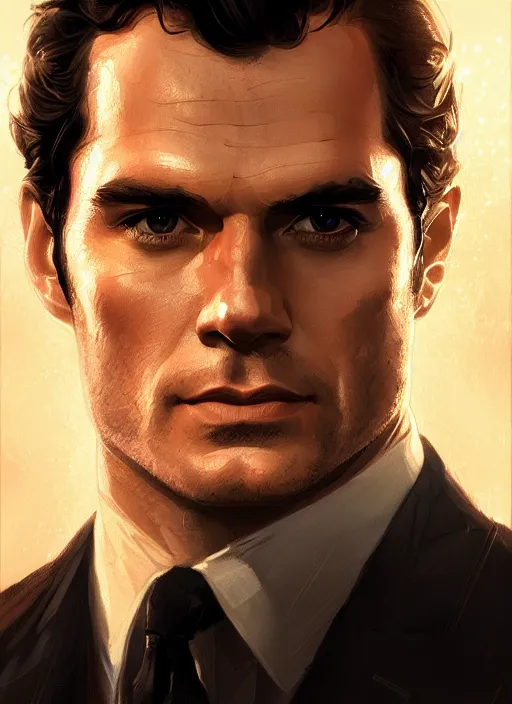 Prompt: portrait of henry cavill as james bond, casino, rain, fire, highly detailed, digital painting, artstation, concept art, cinematic lighting, sharp focus, illustration, art by artgerm and greg rutkowski and alphonse mucha