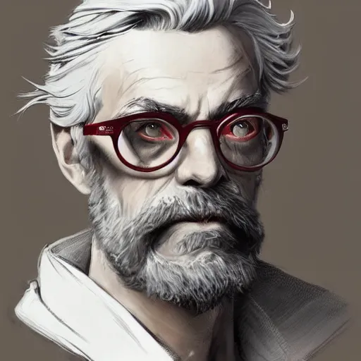 Image similar to a wise human male professor with grey hair with a streak of red, spectacles, white lab coat, dnd character art portrait, matte fantasy painting, deviantart artstation, by jason felix by steve argyle by tyler jacobson by peter mohrbacher by paul hedley, cinema