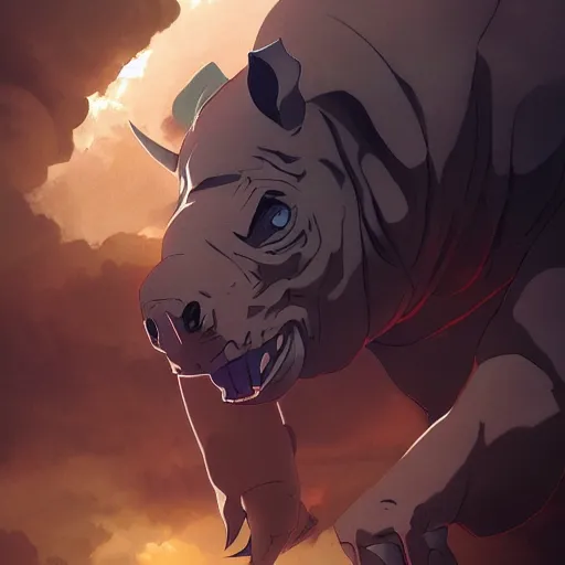 Image similar to a strong rhino at the gym, illustration concept art anime key visual trending pixiv fanbox by wlop and greg rutkowski and makoto shinkai and studio ghibli and kyoto animation symmetrical facial features