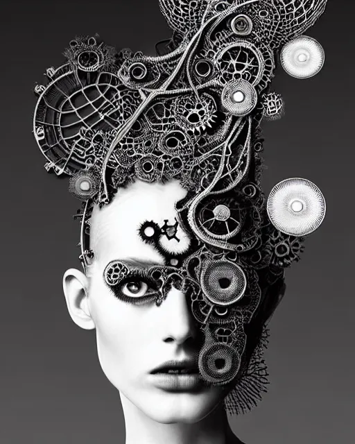 Image similar to surreal black and white photo portrait of complex bio-mechanical beautiful young female vegetal-cyborg with a Mandelbrot fractal steampunk metal fine lace face, a very long neck and a fine metal floral foliage super big lace collar by Alexander McQueen:: smoke, high fashion, haute couture, rococo, steampunk, silver filigree details, anatomical, facial muscles, cable wires, microchip, elegant, dreamy, foggy atmosphere, hyper realistic, 150 mm lens, soft rim light, octane render, unreal engine, picture was taken in 1910 by Man Ray, volumetric lighting, dramatic light,8k,