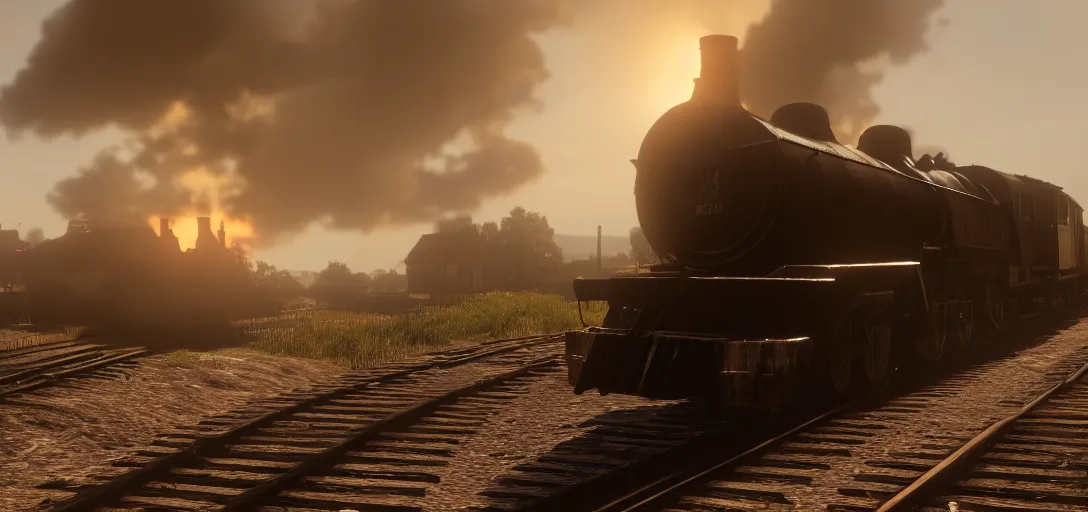 Image similar to A train in red dead redemption 2, screenshot, high quality image, widescreen, in-game engine, 8k, octane render, by greg rutkowski