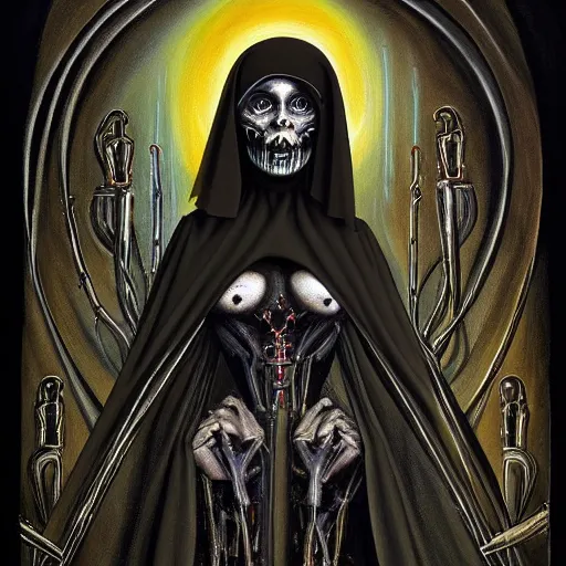 Image similar to beautiful painting of the acid witch nun surrounded by bells in the style of Welder Wings and H. R. Giger. Dark background, detailed, trending on Artstation