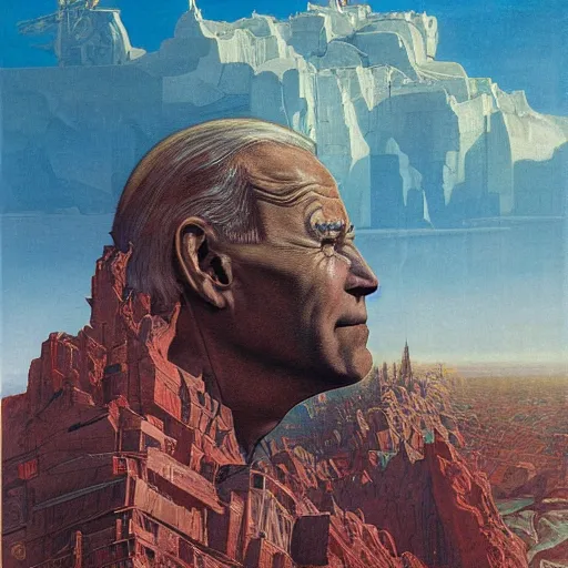 Image similar to portrait of immense, majestic, surreal, terrifying joe!!!! biden!!! crushing the city, perfectly clear face, by j. c. leyendecker, bosch, and beksinski