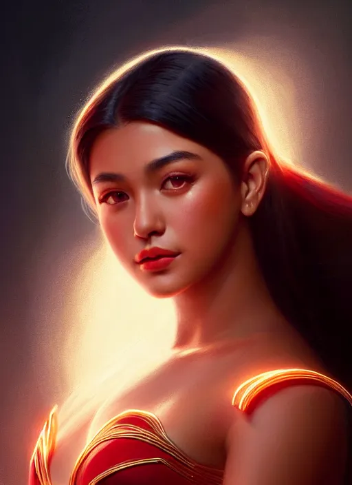 Image similar to portrait of darna liza soberano!, intricate, elegant, glowing lights, highly detailed, digital painting, artstation, glamor pose, concept art, smooth, sharp focus, illustration, art by wlop, mars ravelo and greg rutkowski