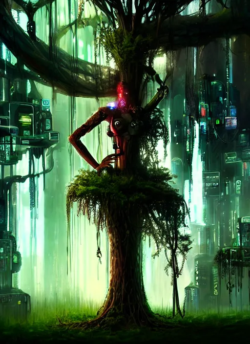 Image similar to intricate Kierra Knightley, growing off a tree, on the background of a weird magical mechanical forest. Very detailed 8k. Fantasy cyberpunk horror. Sharp. Cinematic post-processing