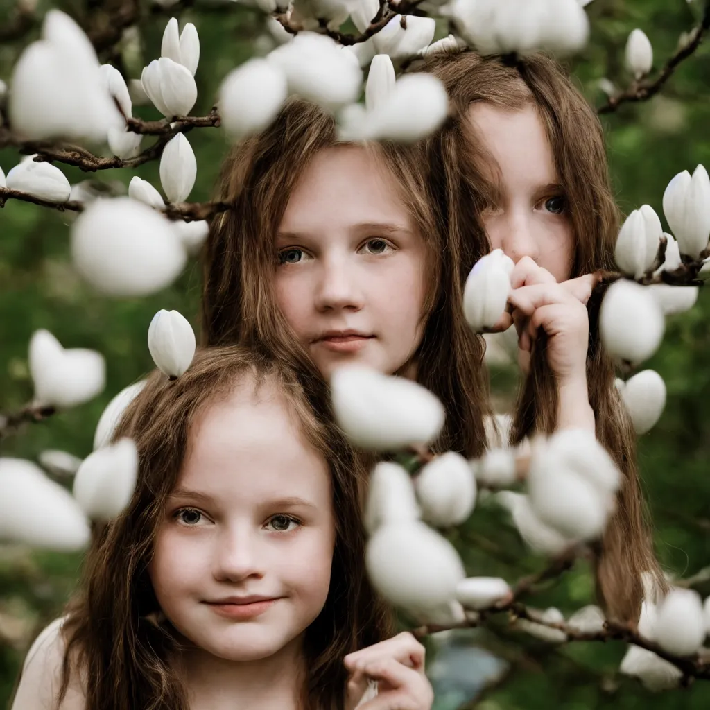 Prompt: a girl portrait with a magnolia near the face, 8 5 mm lens, bokeh