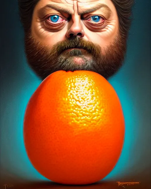 Image similar to detailed portrait of nick offerman as an oranges! ( citrus fruit ) by tomasz alen kopera and peter mohrbacher and johanna martine! and margaret keane! coherent luminescent