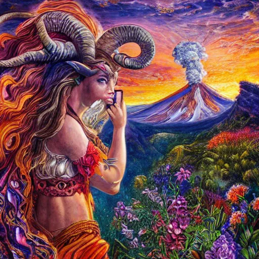 Prompt: painting by senior concept artist josephine wall, horned ram goddess checking her cell phone, erupting volcano and sunset in distance, flowers in foreground, zodiac, fantasy, acrylic on canvas, intricately detailed, highly detailed, high resolution, hdr, 8 k, trending on artstation