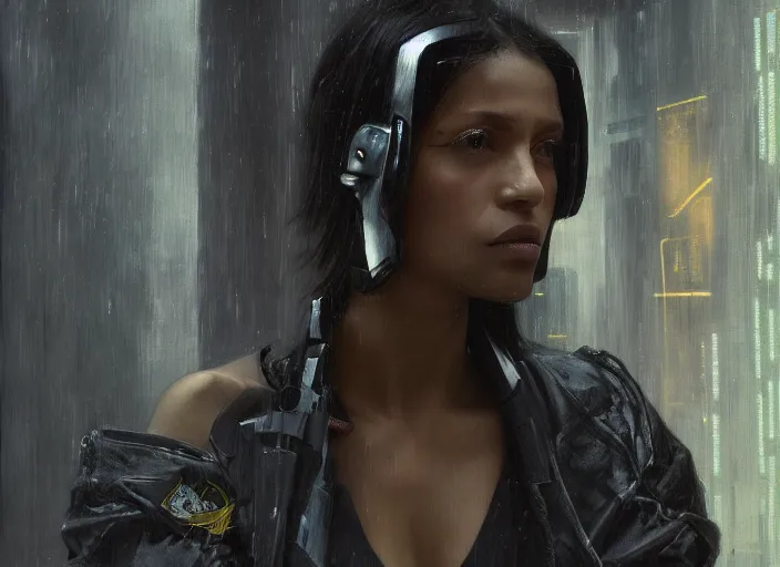 Image similar to Maria igwe. Cyberpunk female hacker wearing stealth suit hiding from police patrol (blade runner 2049, cyberpunk 2077). Orientalist portrait by john william waterhouse and James Gurney and Theodore Ralli and Nasreddine Dinet, oil on canvas. Cinematic, hyper realism, realistic proportions, dramatic lighting, high detail 4k