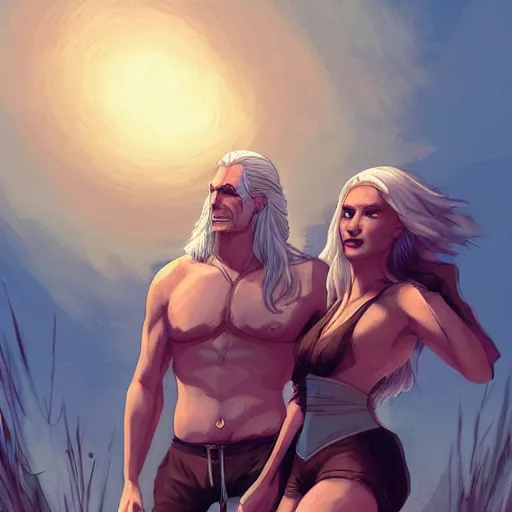 Prompt: Portrait of Geralt of Rivia and Yennefer of Vengerberg in modern bathing suits at a tropical beach, character design, fantasy, cartoon style, bright atmospheric lighting, highly detailed, ArtStation, trending on ArtStation, by Matthew Orders
